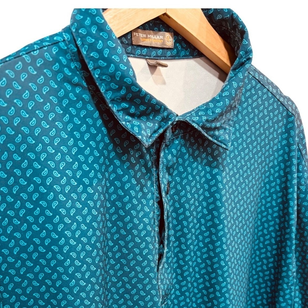 Peter Millar Summer Comfort Mens XL Teal Blue Micro Paisley Golf Polo Shirt
